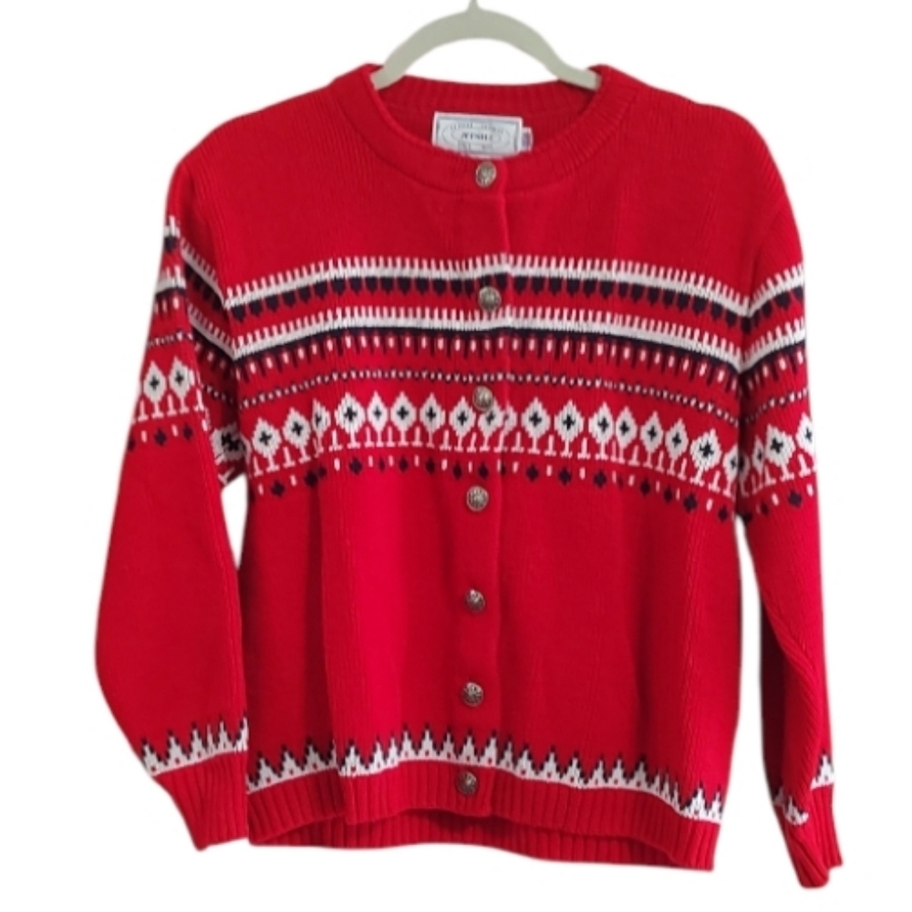 Jersild Vintage Red and White Button-Up Cardigan Size M